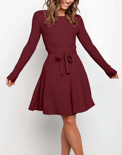 Women's Crewneck Long Sleeve Tie Waist A-Line Swing Bodycon Short Dress Casual Solid Ribbed Knit Sweater Dress