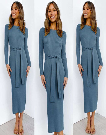 Slim-fit Knitted slit Midi Sweater Dress