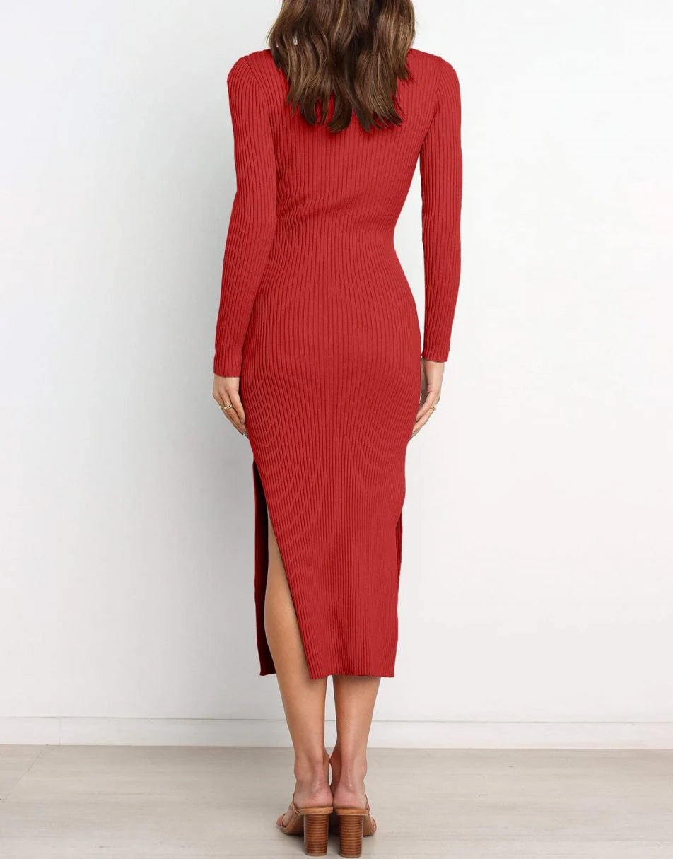 Slim-fit Knitted slit Midi Sweater Dress