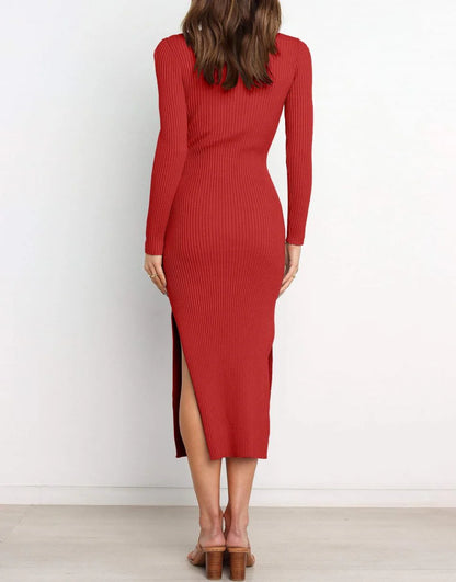 Slim-fit Knitted slit Midi Sweater Dress
