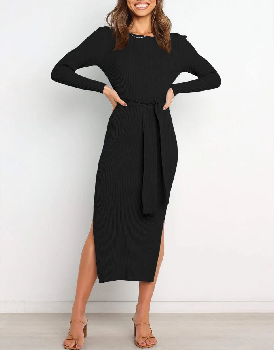 Slim-fit Knitted slit Midi Sweater Dress