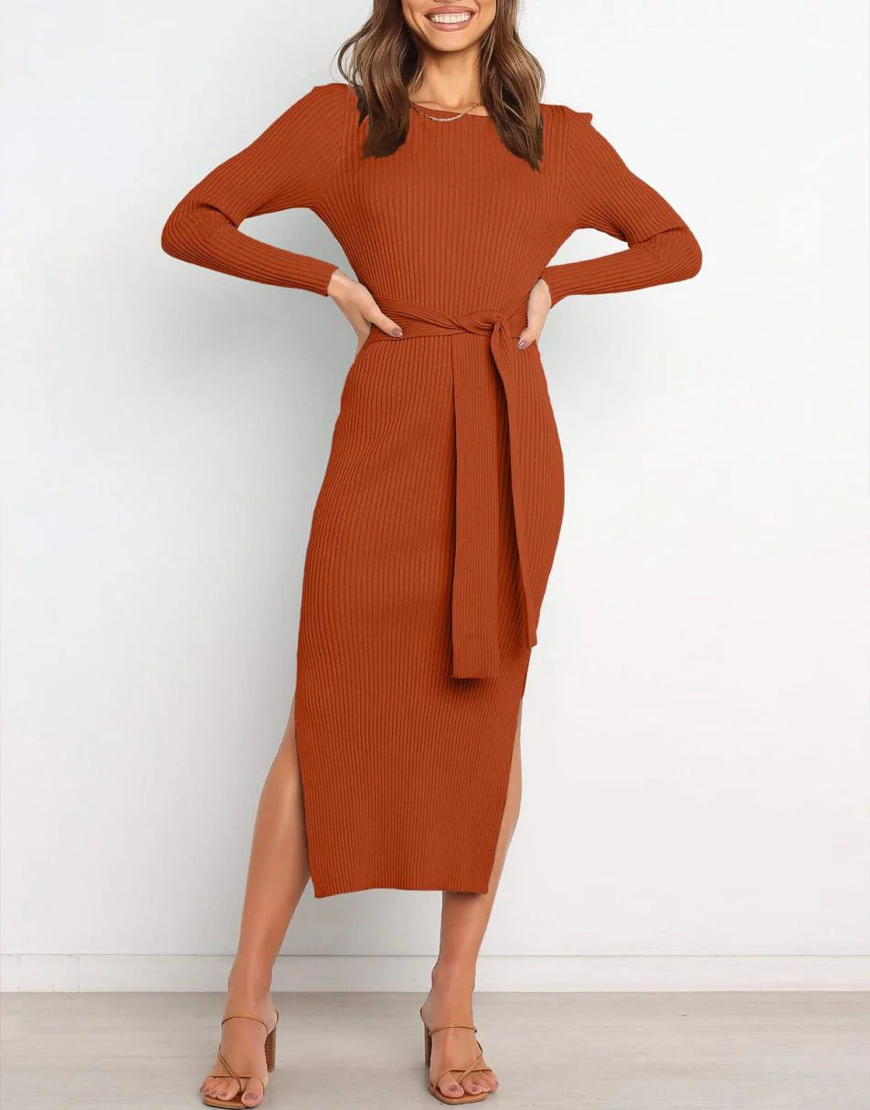 Slim-fit Knitted slit Midi Sweater Dress