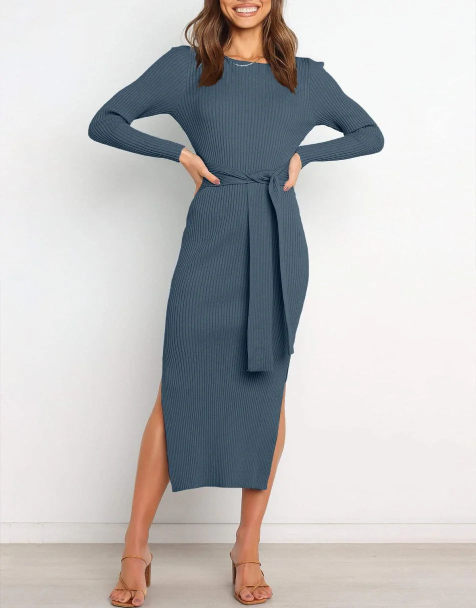 Slim-fit Knitted slit Midi Sweater Dress