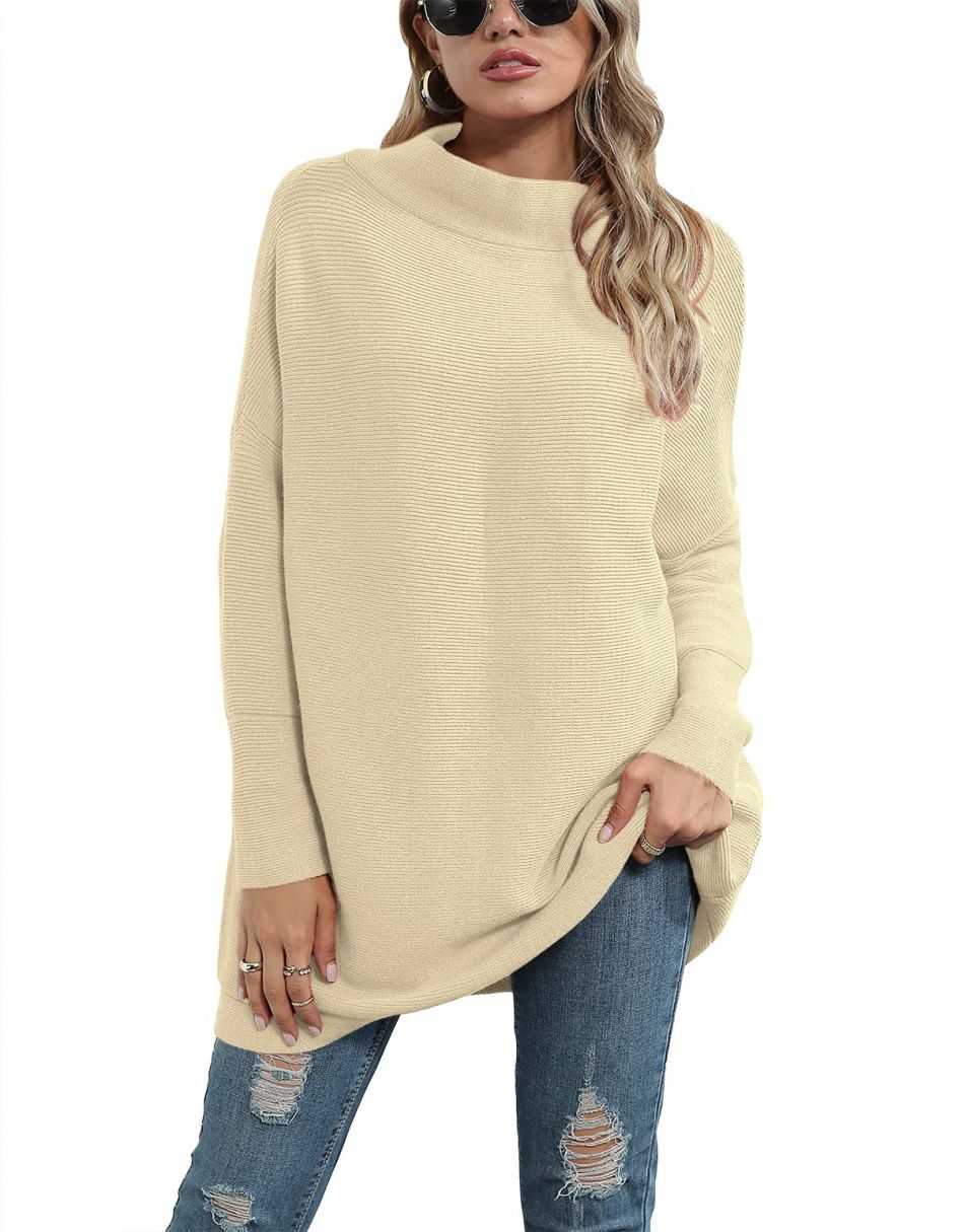 Casual Turtleneck Slouchy Ribbed Knit Tunic Sweaters Pullover