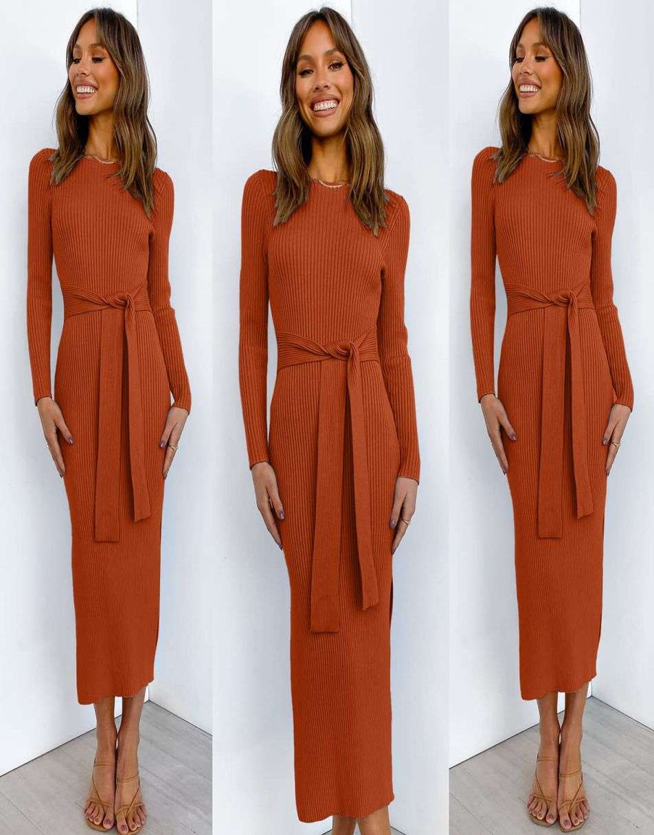 Slim-fit Knitted slit Midi Sweater Dress