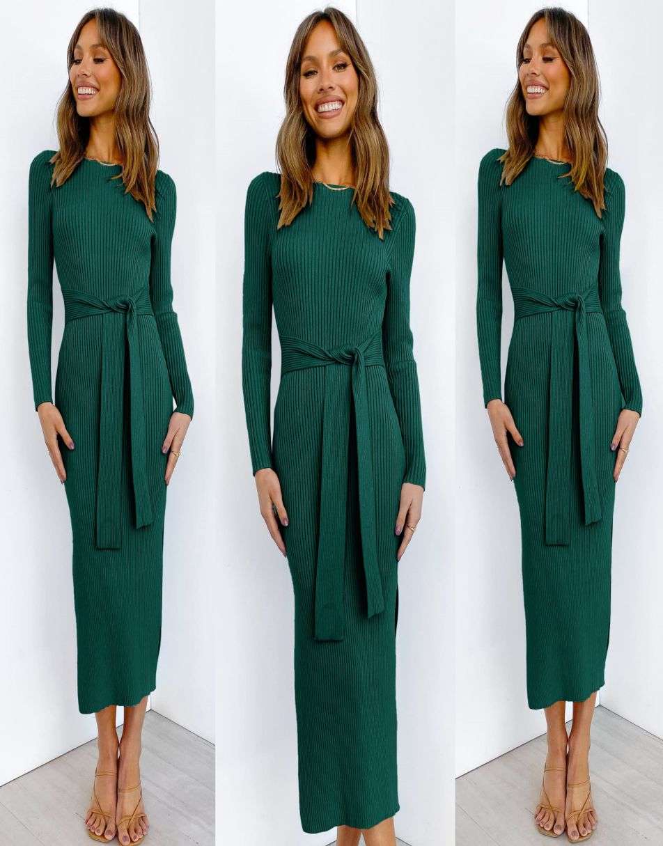 Slim-fit Knitted slit Midi Sweater Dress