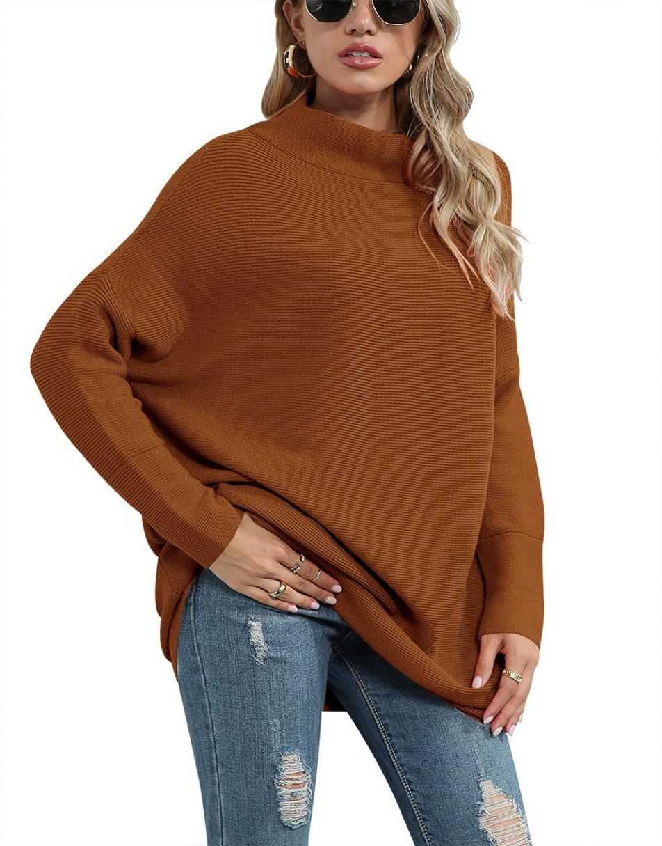Casual Turtleneck Slouchy Ribbed Knit Tunic Sweaters Pullover