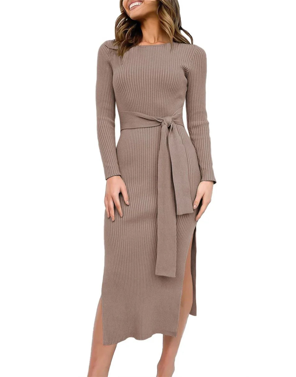 Slim-fit Knitted slit Midi Sweater Dress