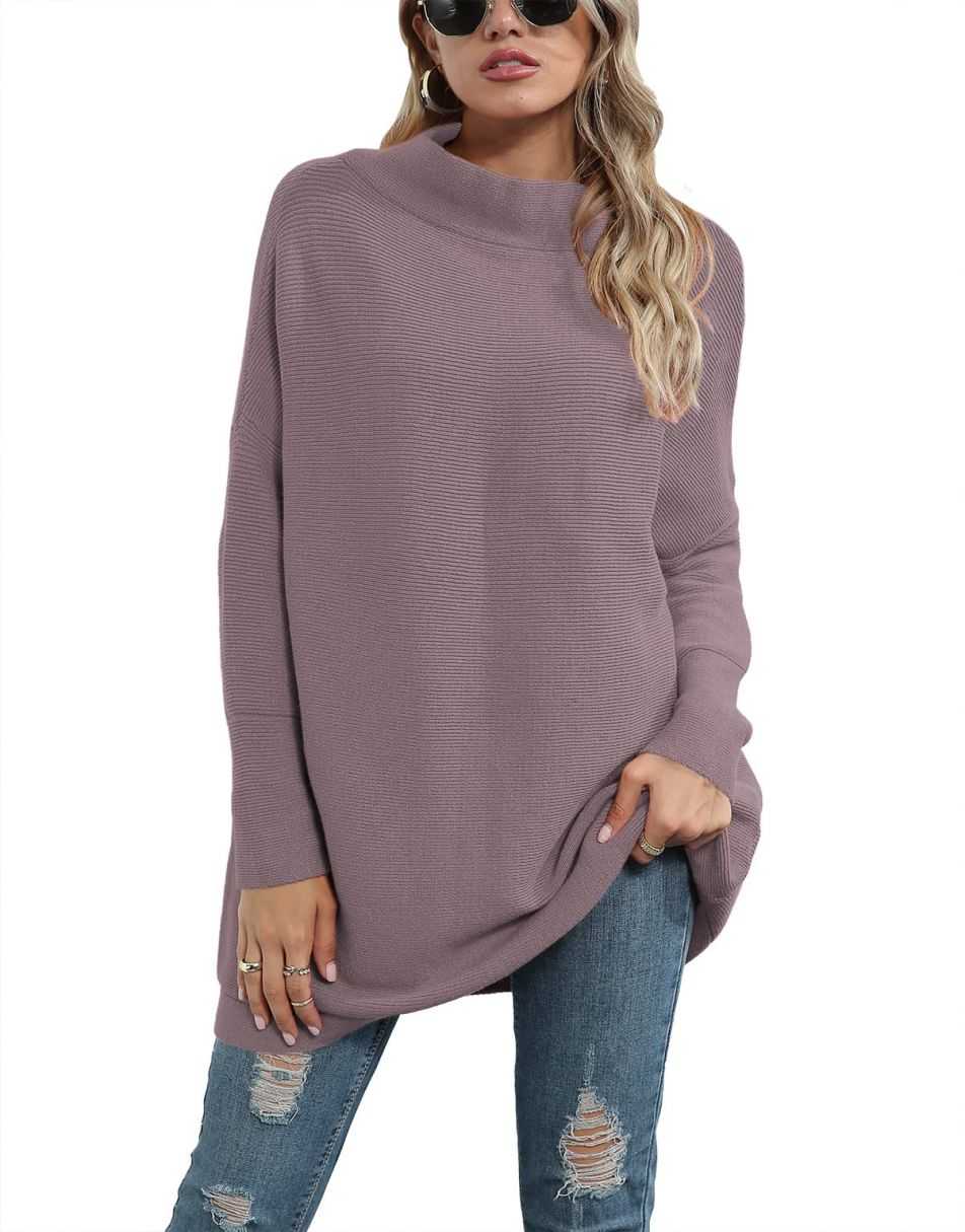 Casual Turtleneck Slouchy Ribbed Knit Tunic Sweaters Pullover