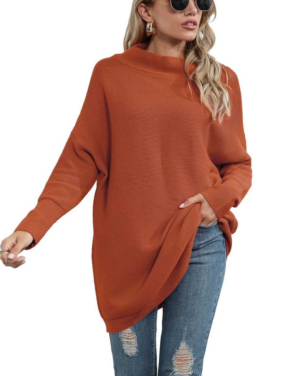 Casual Turtleneck Slouchy Ribbed Knit Tunic Sweaters Pullover