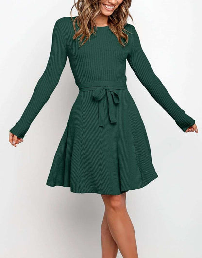 Women's Crewneck Long Sleeve Tie Waist A-Line Swing Bodycon Short Dress Casual Solid Ribbed Knit Sweater Dress
