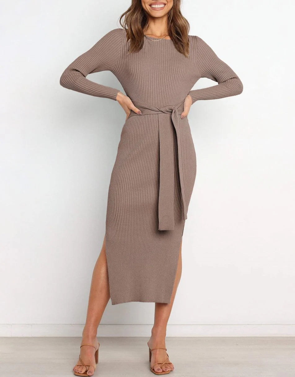 Slim-fit Knitted slit Midi Sweater Dress