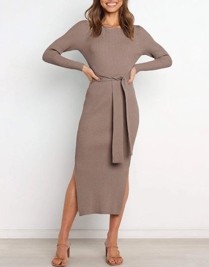 Slim-fit Knitted slit Midi Sweater Dress