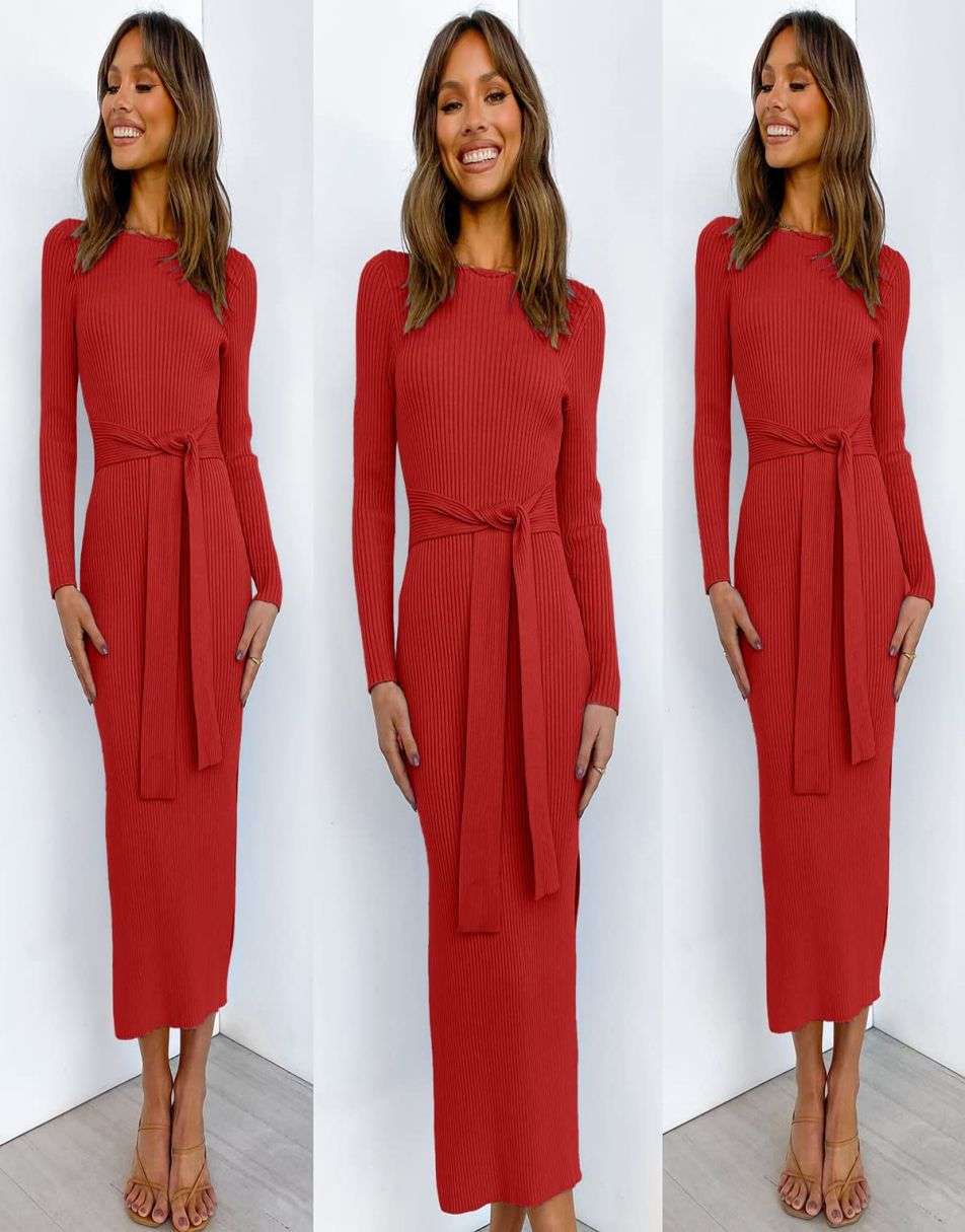 Slim-fit Knitted slit Midi Sweater Dress
