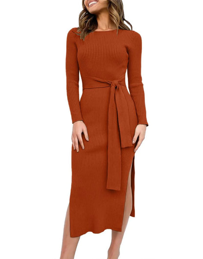 Slim-fit Knitted slit Midi Sweater Dress