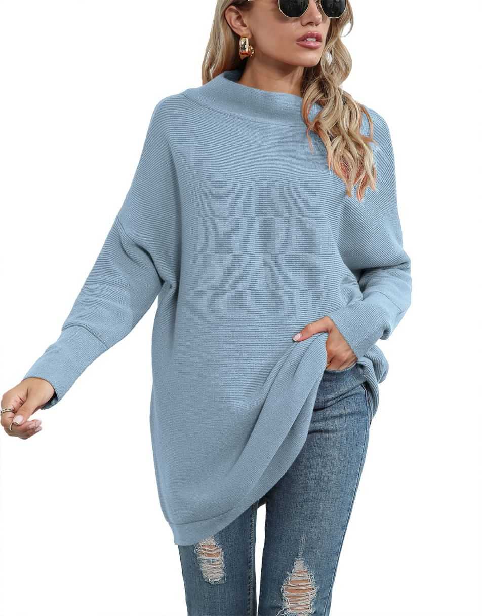 Casual Turtleneck Slouchy Ribbed Knit Tunic Sweaters Pullover