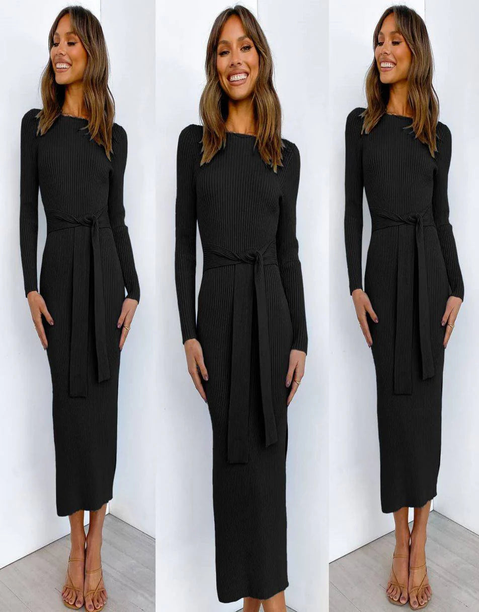 Slim-fit Knitted slit Midi Sweater Dress