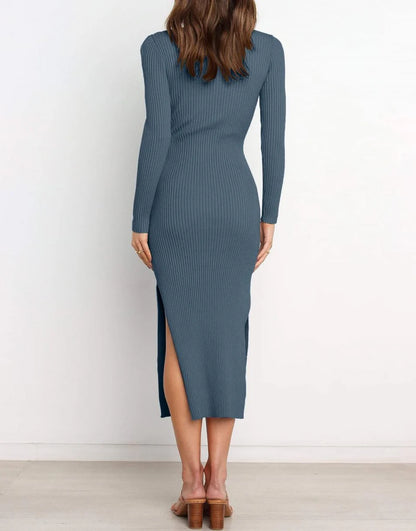 Slim-fit Knitted slit Midi Sweater Dress