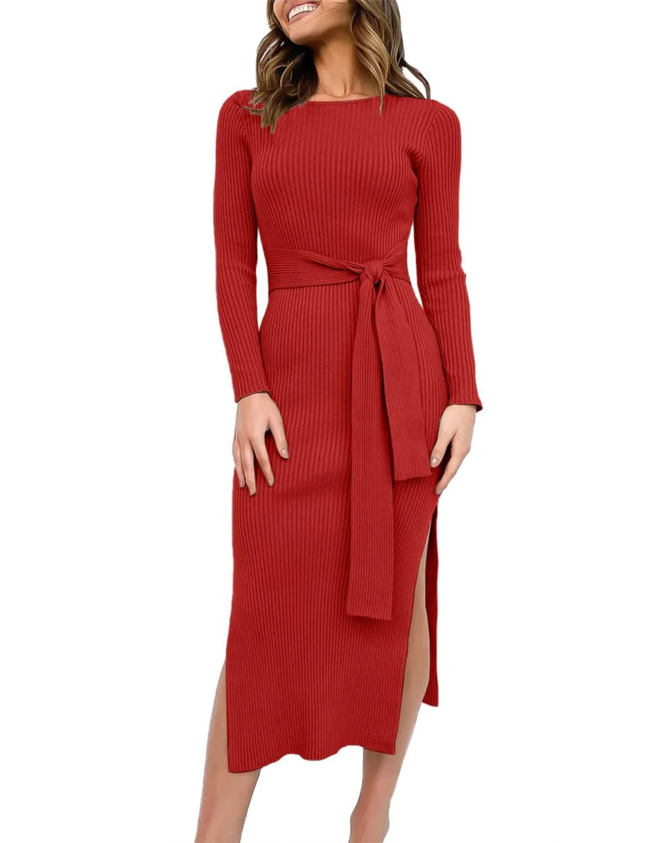 Slim-fit Knitted slit Midi Sweater Dress