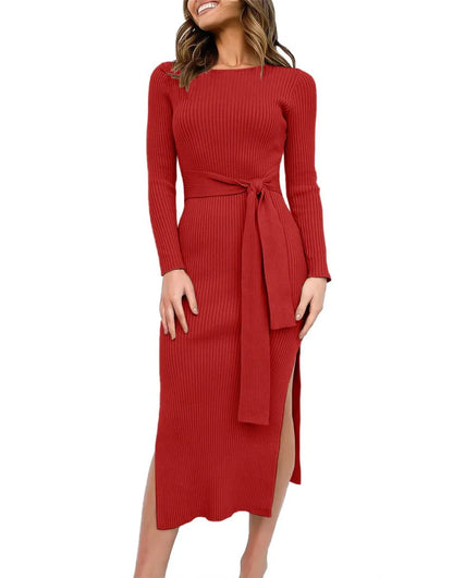 Slim-fit Knitted slit Midi Sweater Dress