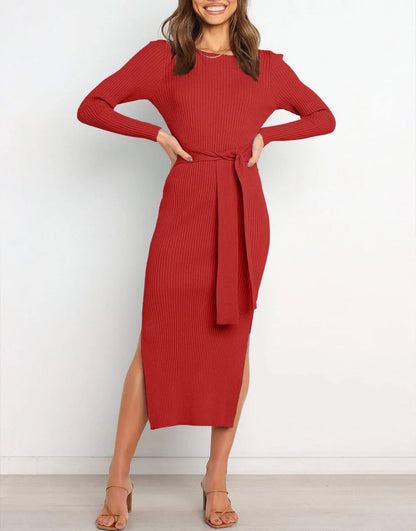 Slim-fit Knitted slit Midi Sweater Dress