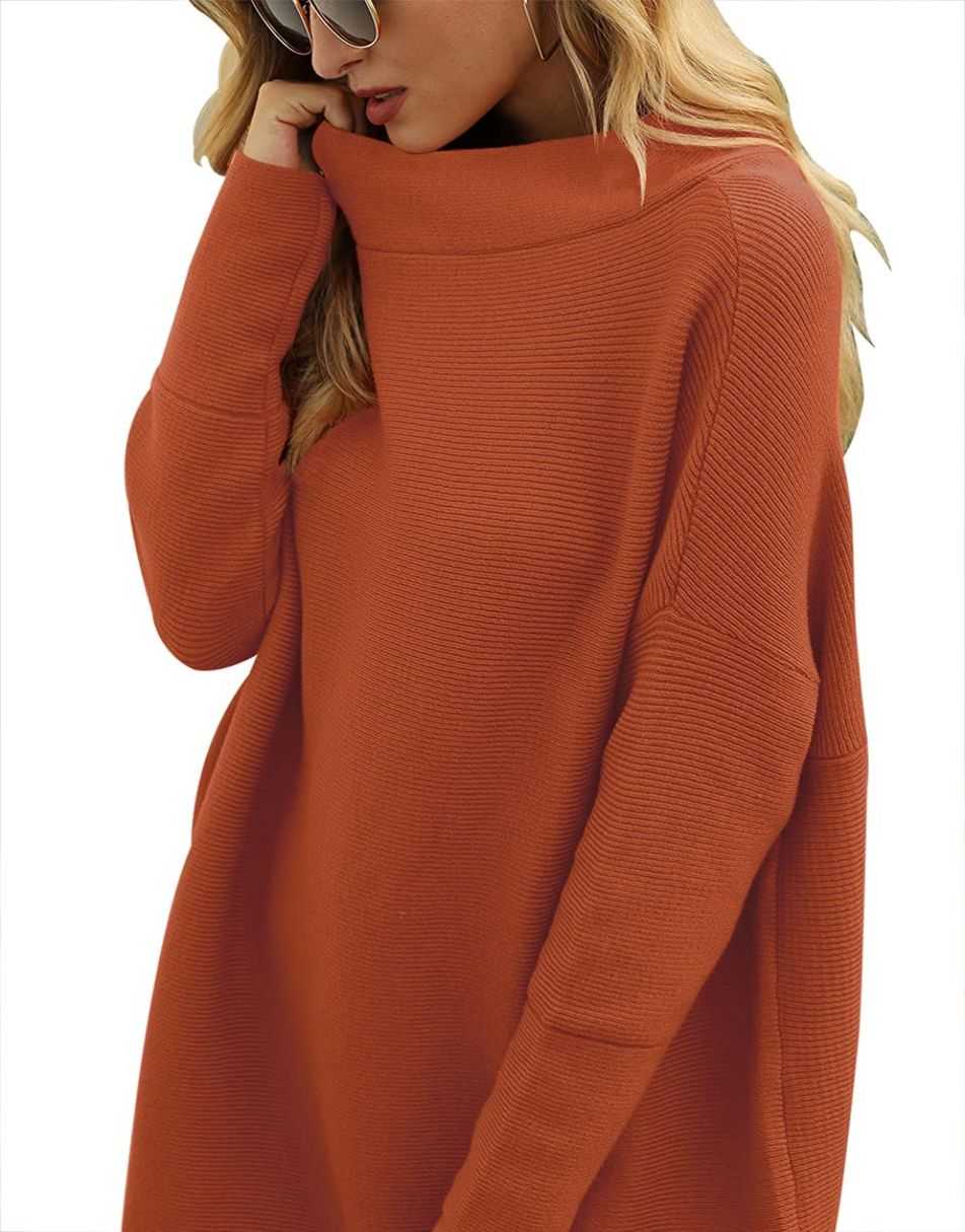 Casual Turtleneck Slouchy Ribbed Knit Tunic Sweaters Pullover
