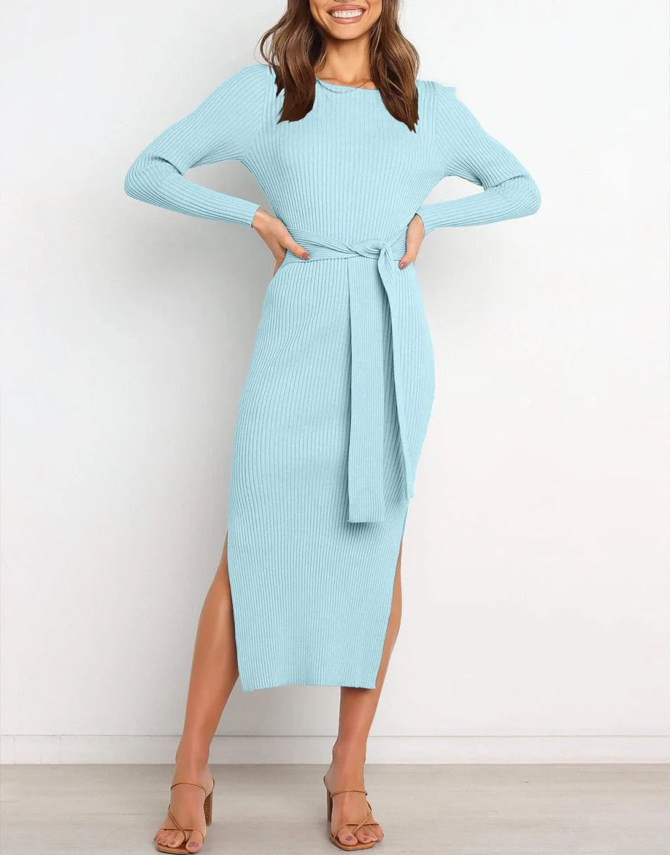 Slim-fit Knitted slit Midi Sweater Dress