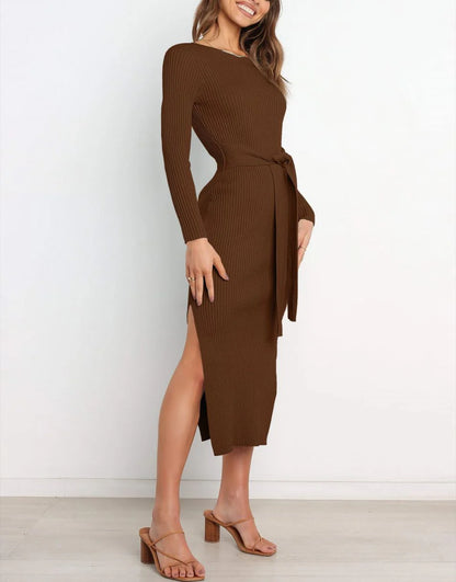 Slim-fit Knitted slit Midi Sweater Dress