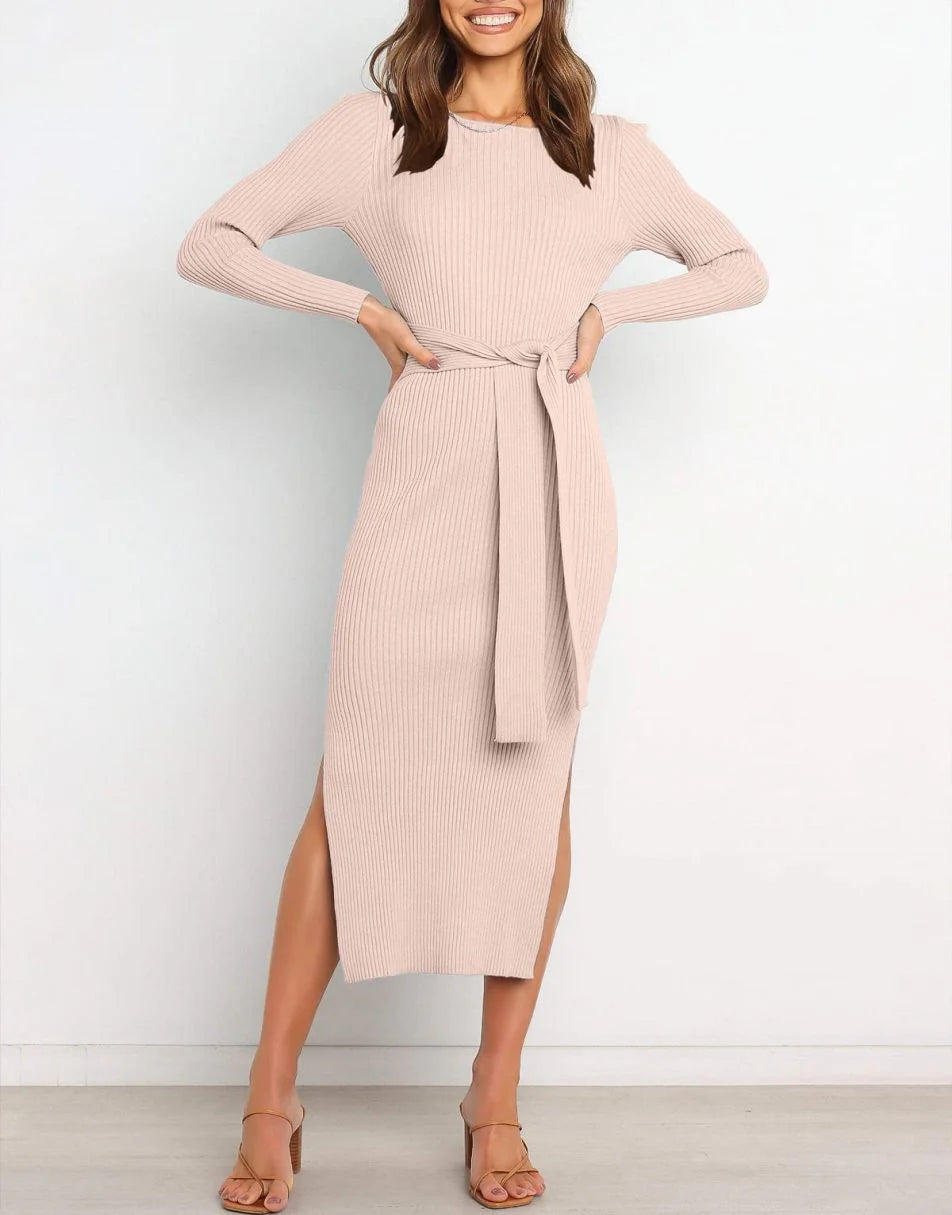 Slim-fit Knitted slit Midi Sweater Dress