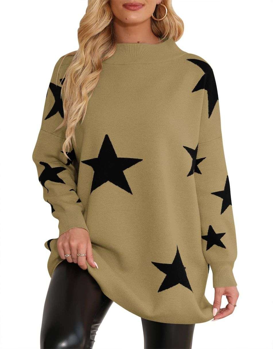 Casual Turtleneck Slouchy Ribbed Knit Tunic Sweaters Pullover