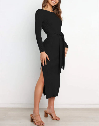 Slim-fit Knitted slit Midi Sweater Dress
