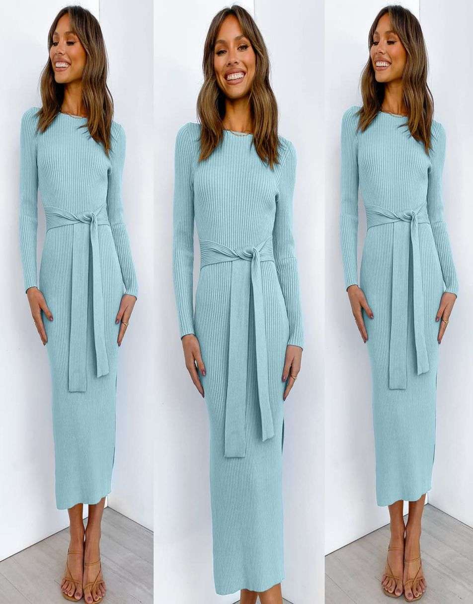Slim-fit Knitted slit Midi Sweater Dress