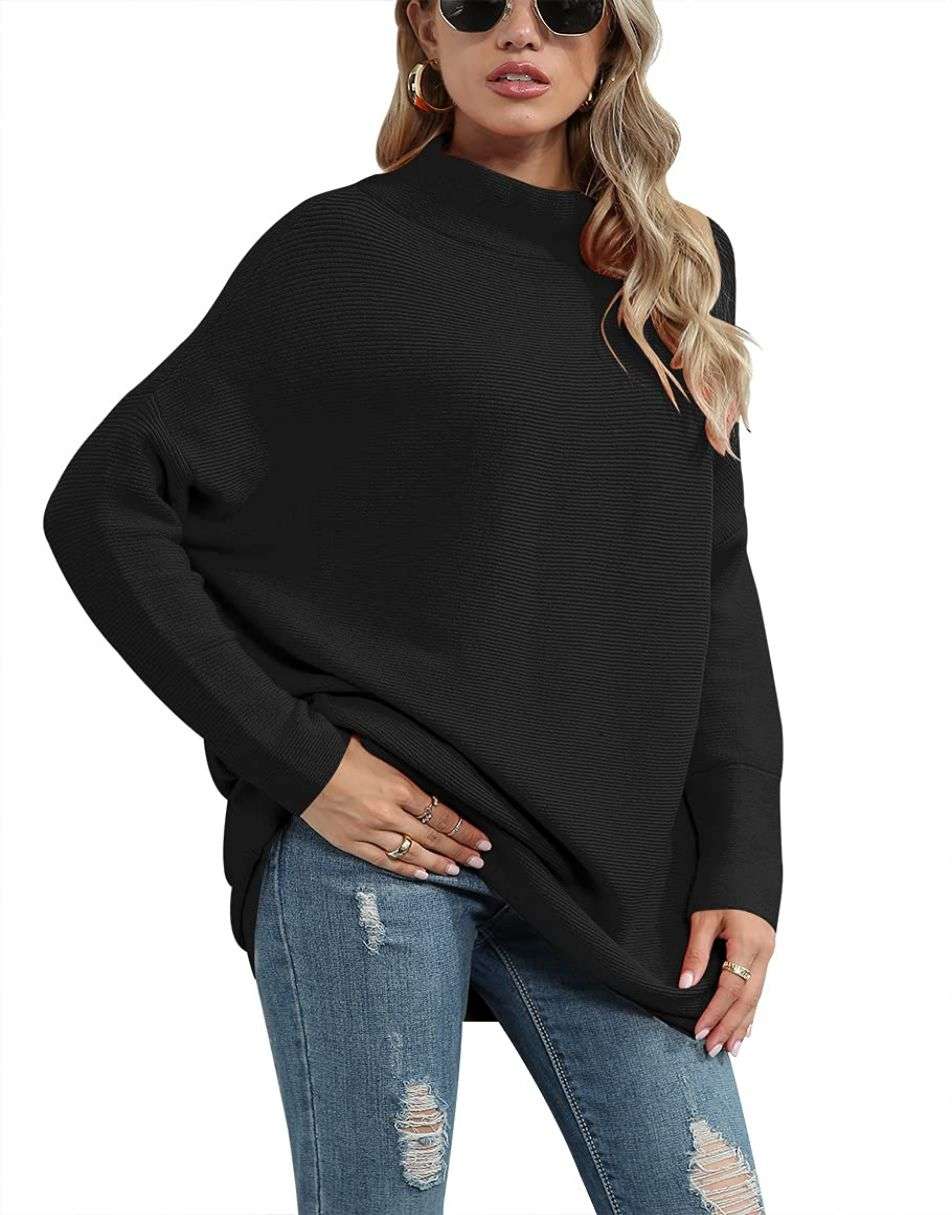 Casual Turtleneck Slouchy Ribbed Knit Tunic Sweaters Pullover