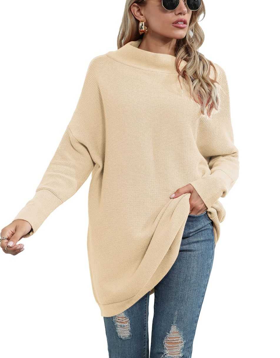 Casual Turtleneck Slouchy Ribbed Knit Tunic Sweaters Pullover