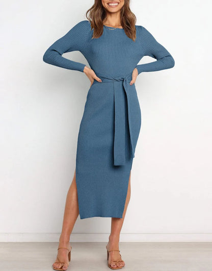 Slim-fit Knitted slit Midi Sweater Dress