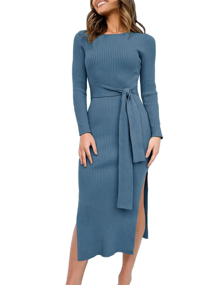 Slim-fit Knitted slit Midi Sweater Dress