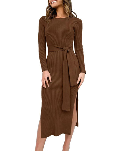 Slim-fit Knitted slit Midi Sweater Dress
