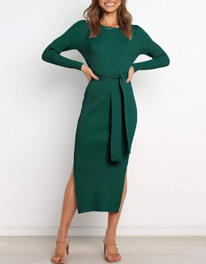 Slim-fit Knitted slit Midi Sweater Dress