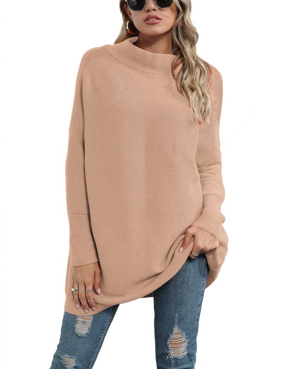 Casual Turtleneck Slouchy Ribbed Knit Tunic Sweaters Pullover