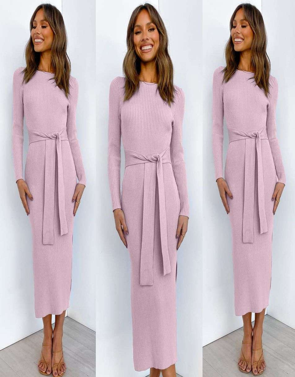 Slim-fit Knitted slit Midi Sweater Dress