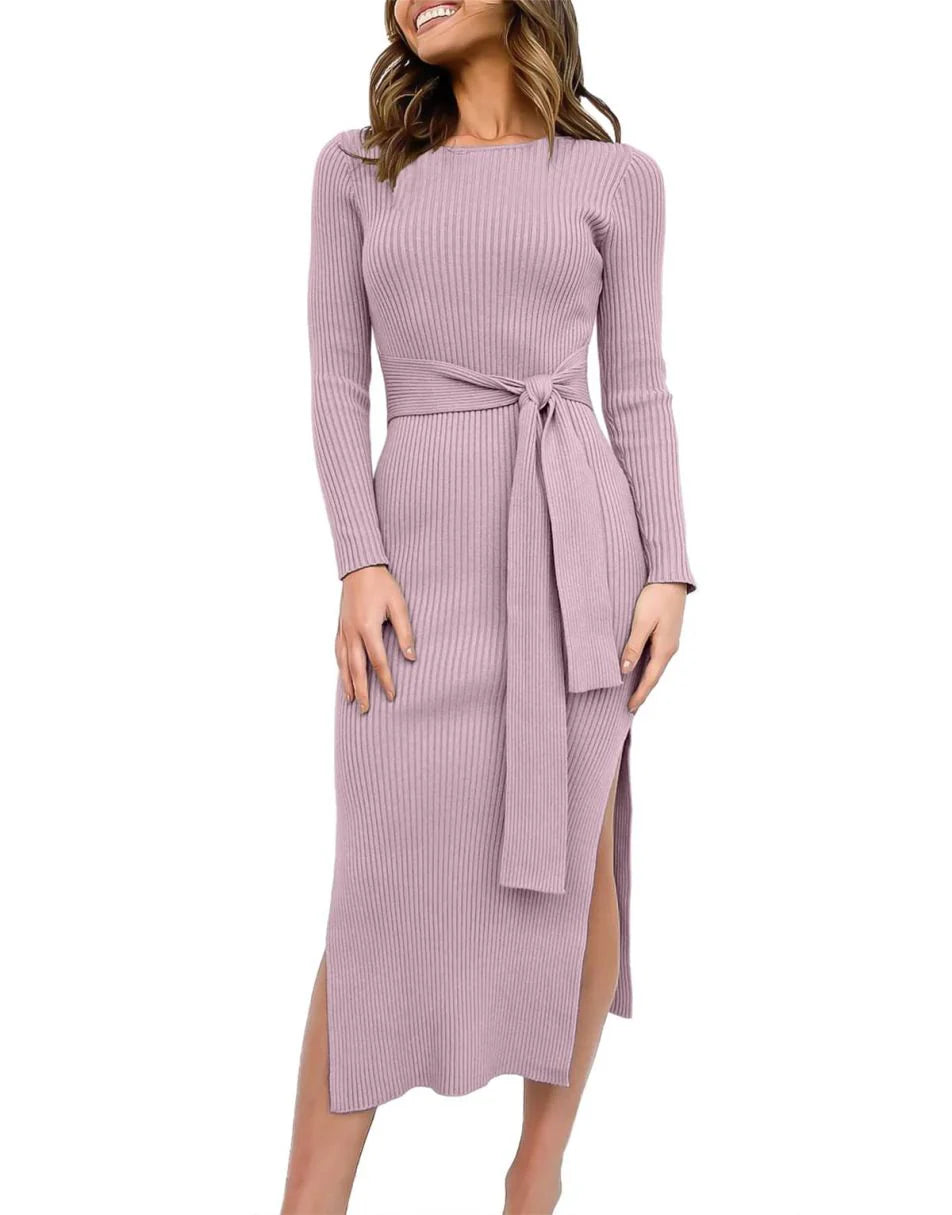 Slim-fit Knitted slit Midi Sweater Dress