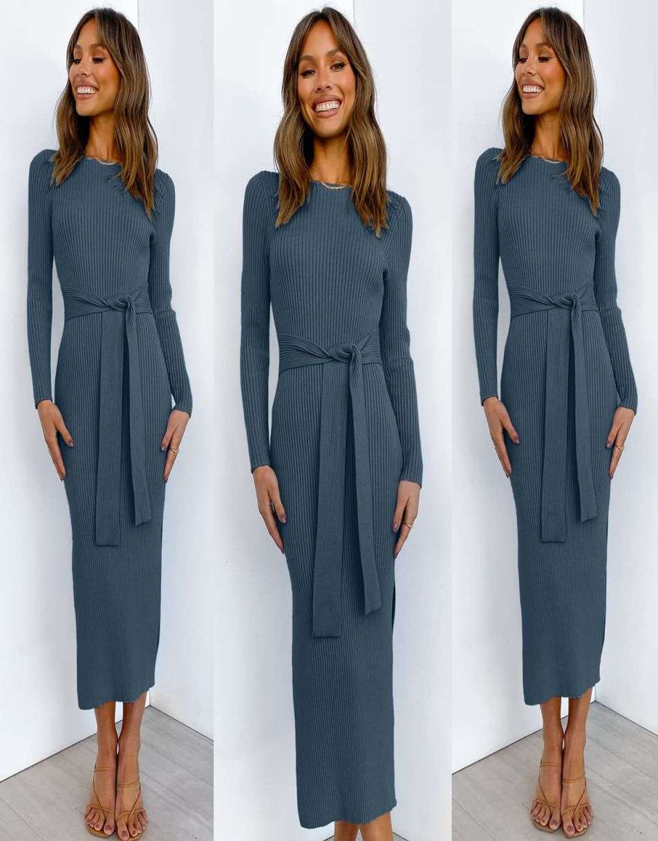 Slim-fit Knitted slit Midi Sweater Dress