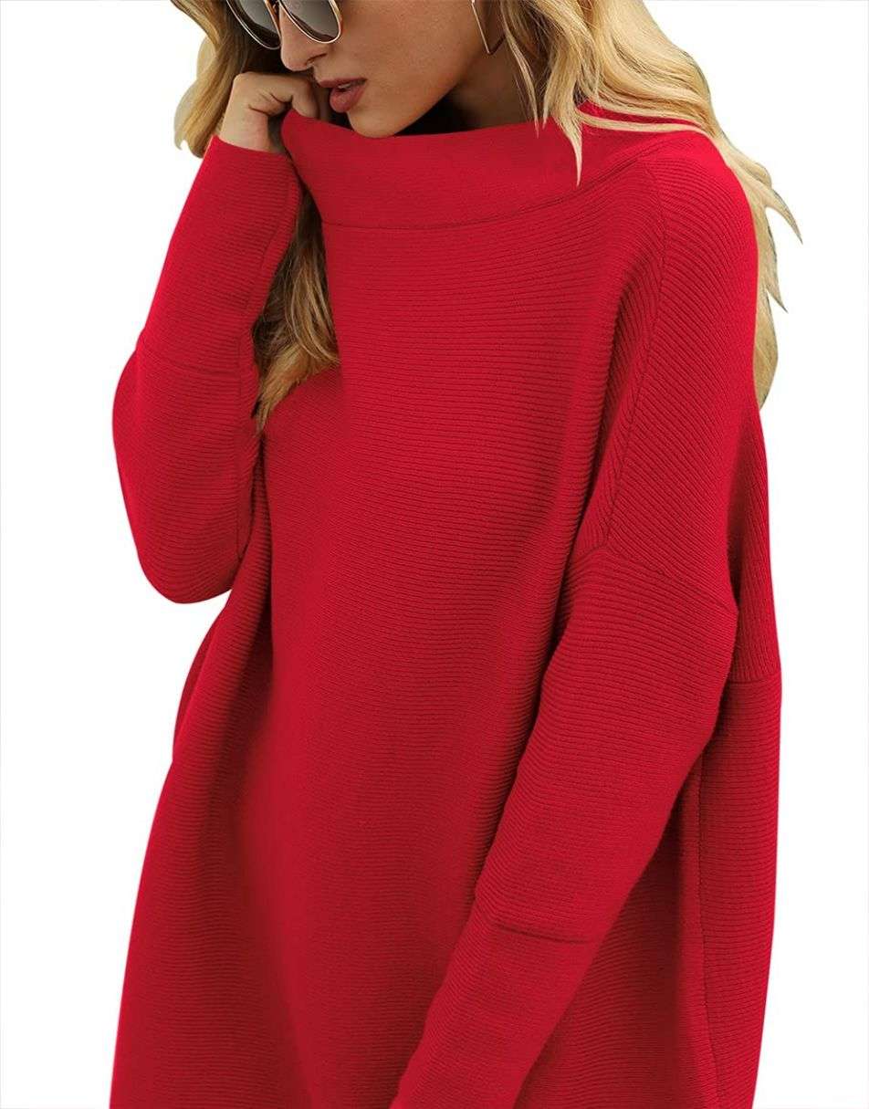 Casual Turtleneck Slouchy Ribbed Knit Tunic Sweaters Pullover