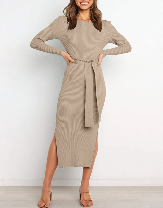 Slim-fit Knitted slit Midi Sweater Dress