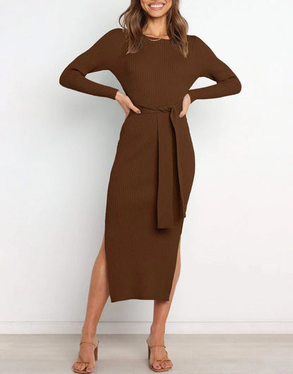 Slim-fit Knitted slit Midi Sweater Dress