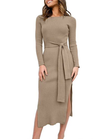 Slim-fit Knitted slit Midi Sweater Dress