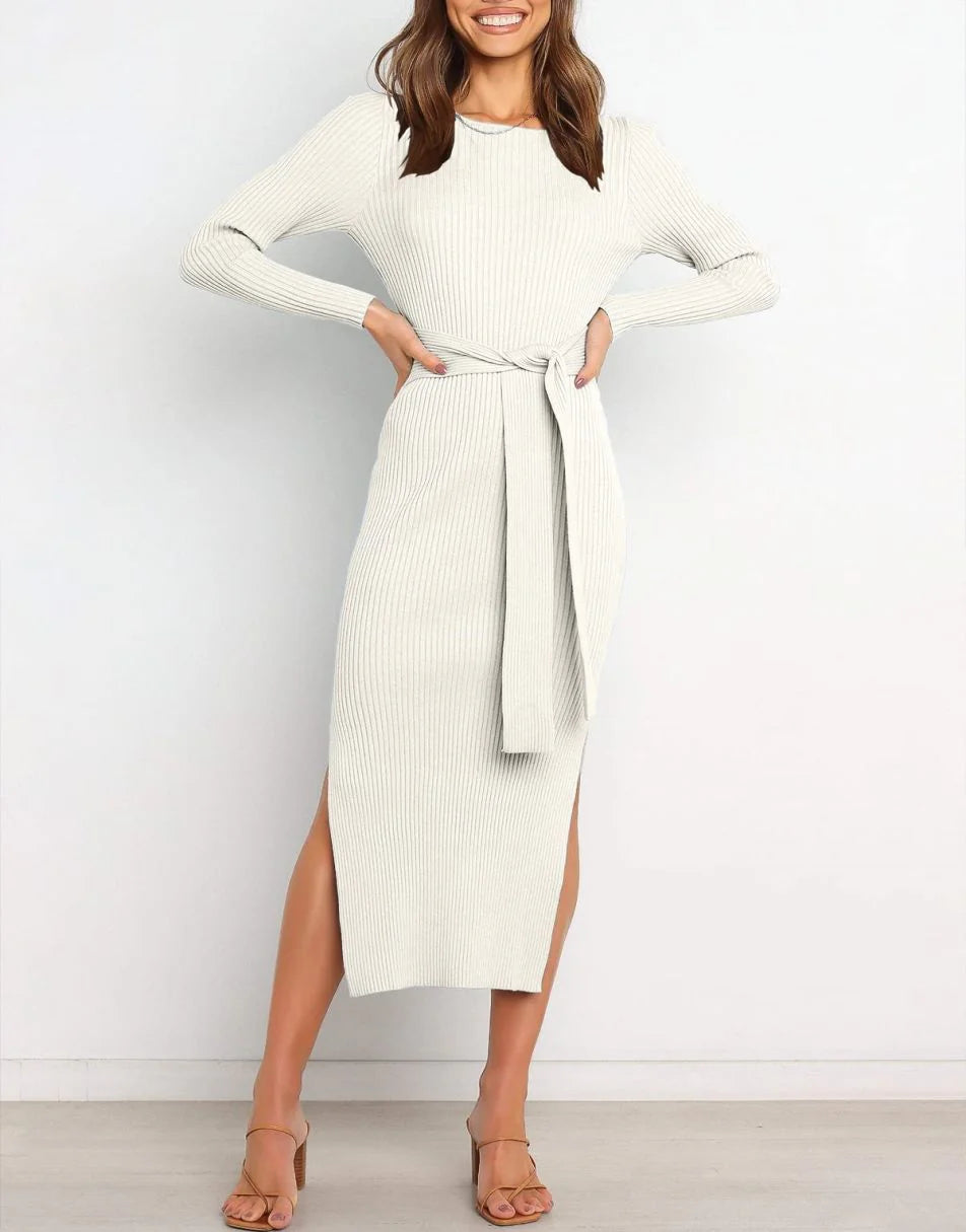 Slim-fit Knitted slit Midi Sweater Dress