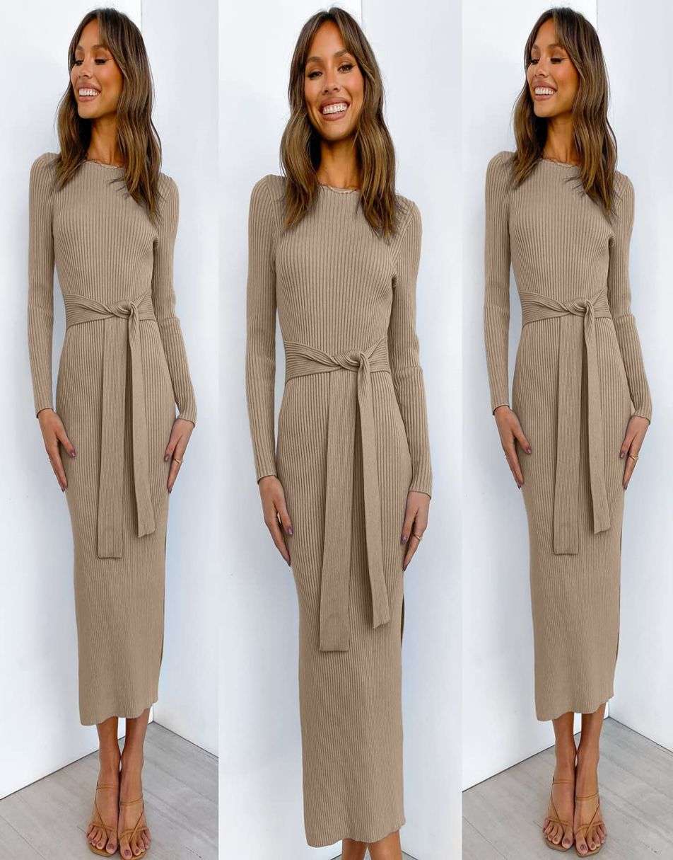 Slim-fit Knitted slit Midi Sweater Dress