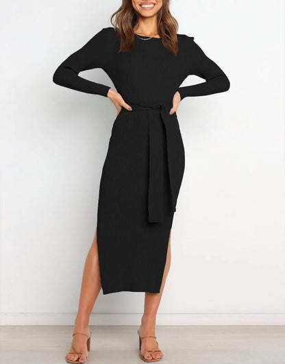 Slim-fit Knitted slit Midi Sweater Dress