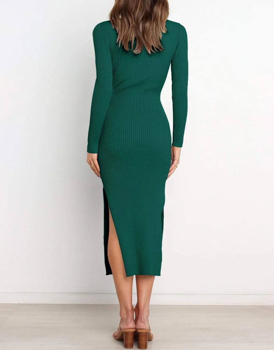 Slim-fit Knitted slit Midi Sweater Dress